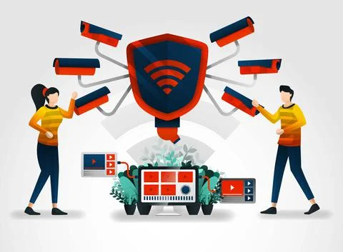 Flat character. security cameras take maximum care in effort to protect data  Stock Illustration