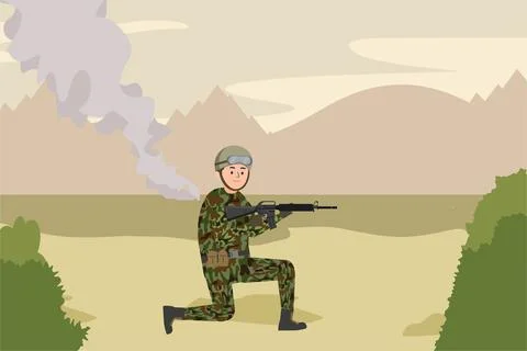 Flat character soldier in a war field firing bullets vector concept. Soldier  Stock Illustration