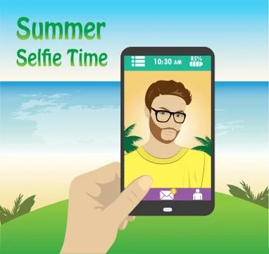 Flat character taking selfie by mobile phone on the beach Stock Illustration