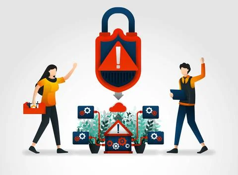 Flat character. warning system alerts developers to security threats. securit Stock Illustration