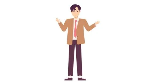 Flat character of young man character with brown blazer suit explaining pose Illustrazione stock