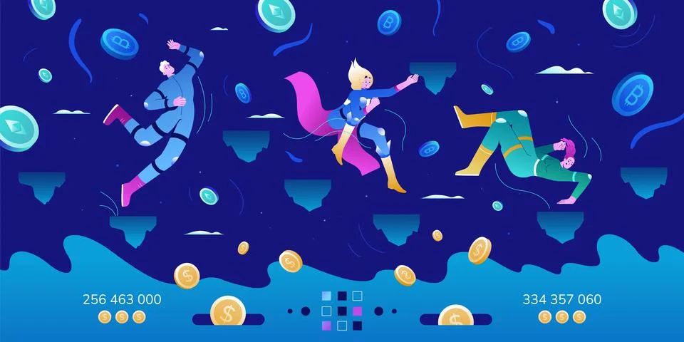 Flat characters play to earn bitcoin, cryptocurrency in metaverse, nft Stock Illustration
