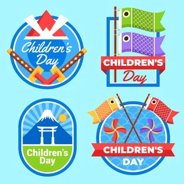 Flat childrens day labels collection Stock Illustration