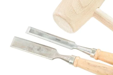 Flat chisels lump hammer isolated on white Stock Photos