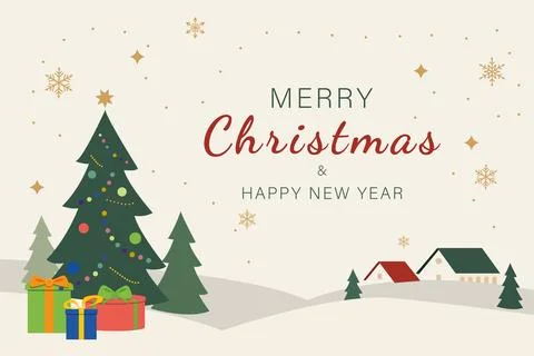 Flat Christmas and New Year greeting card with a Christmas tree, colorful orn Stock Illustration