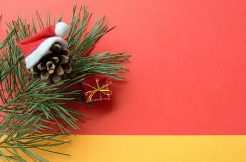 Flat christmas layout on red background with yellow stripe with space to write 스톡 사진