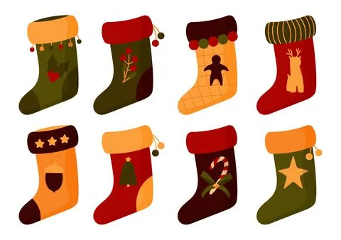 Flat Christmas sock Santa boot stocking vector set Stock Illustration