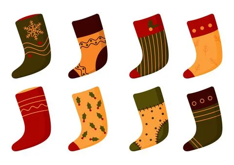Flat Christmas sock Santa boot stocking vector set Stock Illustration