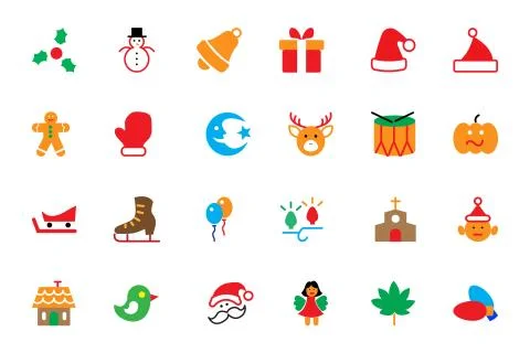 Flat Christmas Vector Colored Icons Collection Stock Illustration
