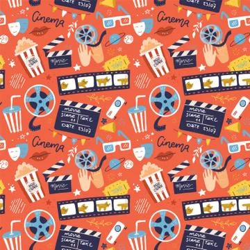 Flat cinema seamless pattern design with film reel, clapper, popcorn, 3D glasses Stock Illustration