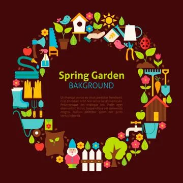 Flat Circle Collection of Spring Garden Objects Stock Illustration