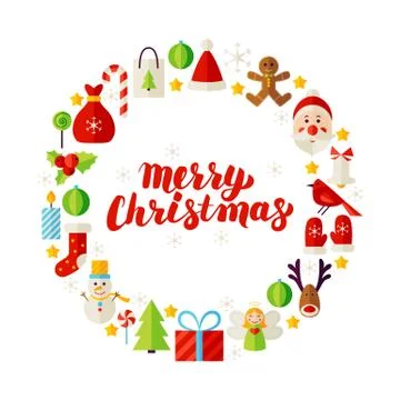 Flat Circle Merry Christmas Objects 스톡 일러스트