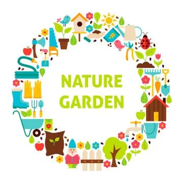 Flat Circle Set of Nature Garden Objects over White Illustrazione stock