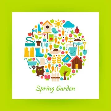 Flat Circle Spring Garden Objects over white Paper Illustrazione stock