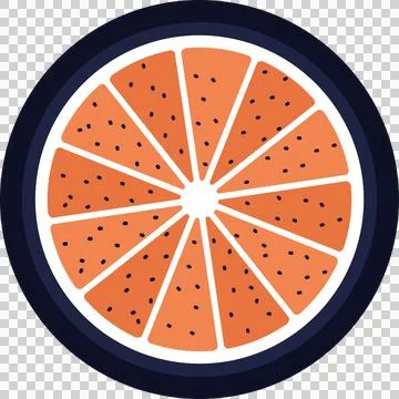 Flat citrus slice design showing navy rim, orange segments, white lines, seed Illustrazione stock