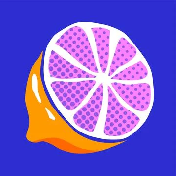 Flat citrus slice showing halftone purple, white membranes and droplet on Stock Illustration