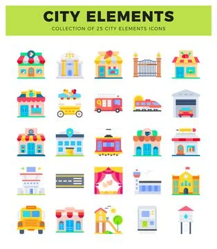 Flat city element icons with buildings. vehicles. and infrastructure Ilustración de archivo