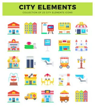 Flat city element icons featuring buildings. transport. and services. prese.. Ilustración de archivo