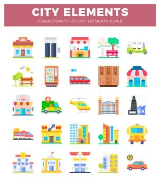 Flat city element icons in a grid Ilustración de archivo