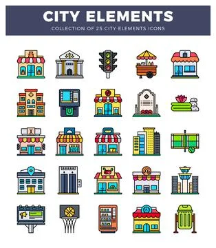Flat city element icons including buildings. traffic lights. and shops on w.. Ilustración de archivo
