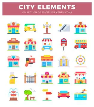 Flat city element icons including shops. transport. and amenities. Illustration