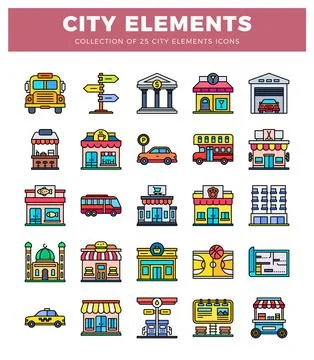 Flat city element icons. including buildings. vehicles. and street signs Ilustración de archivo