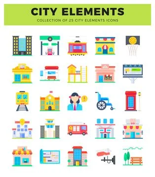 Flat city element icons in modern style Stock Illustration