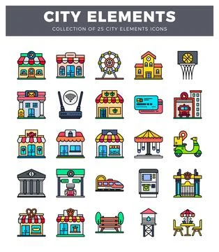Flat city element icons. showcasing various buildings and services for urba.. Stock Illustration