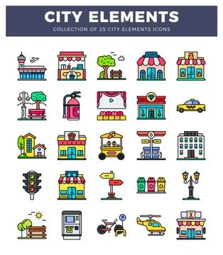 Flat city element icons on a white background. Stock Illustration