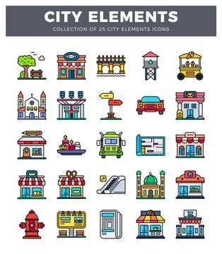 Flat city element icons on a white background Stock Illustration