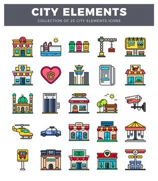 Flat city element icons on a white background. Stock Illustration