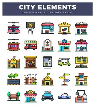 Flat city element icons on white background. Stock Illustration