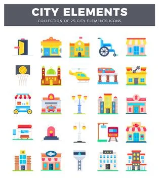 Flat city elements collection with building icons and transportation 스톡 일러스트