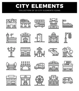 Flat city elements icons with building and transport designs Illustrazione stock