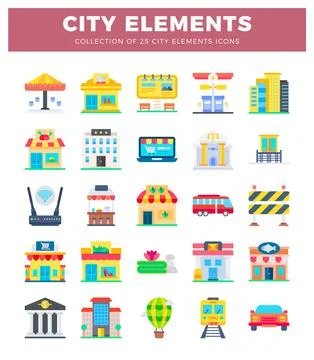 Flat city elements icons with buildings. transportation. and urban infrastr.. イラスト素材