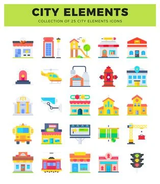 Flat city elements icons collection Stock Illustration