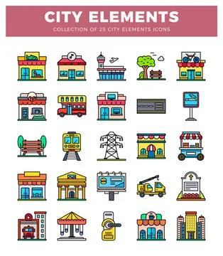 Flat city elements icons collection on white background. Stock Illustration
