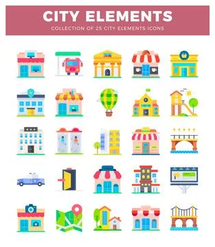 Flat city elements icons. colorful buildings and transportation graphics on.. Illustrazione stock