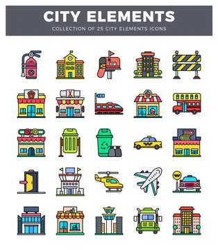 Flat city elements icons including buildings. vehicles. and services イラスト素材