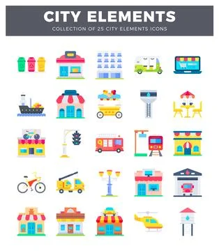 Flat city elements icons for urban lifestyle. Vehicle. building. and public.. イラスト素材