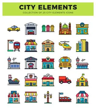 Flat city elements icons. Various urban buildings and vehicles in a grid la.. Illustrazione stock