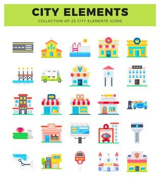 Flat city elements icons on white background 스톡 일러스트