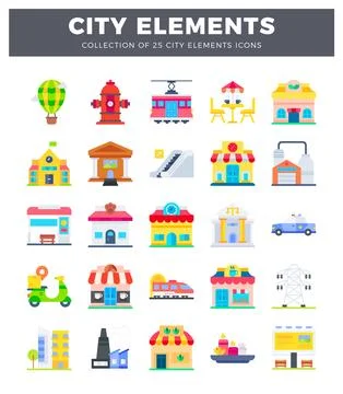 Flat city elements icons on a white background. Illustrazione stock