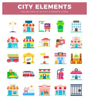 Flat city icon collection featuring buildings. transport. and amenities Stock Illustration