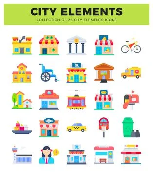 Flat city icons collection featuring buildings and vehicles. Ilustración de archivo