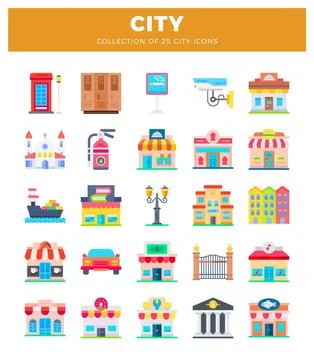 Flat city icons in a grid layout. featuring buildings. vehicles. and services Stockillustratie