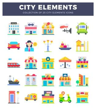 Flat city icons in a grid layout on a white background. 스톡 일러스트