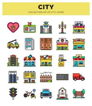Flat city icons in a grid layout on a white background. Stock Illustration