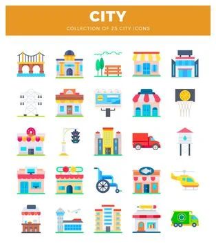 Flat city icons including buildings. transportation. and infrastructure ele.. Ilustración de archivo