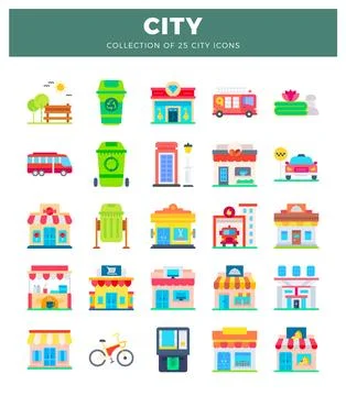Flat city icons vector collection with buildings. vehicles. and park elements Stockillustratie
